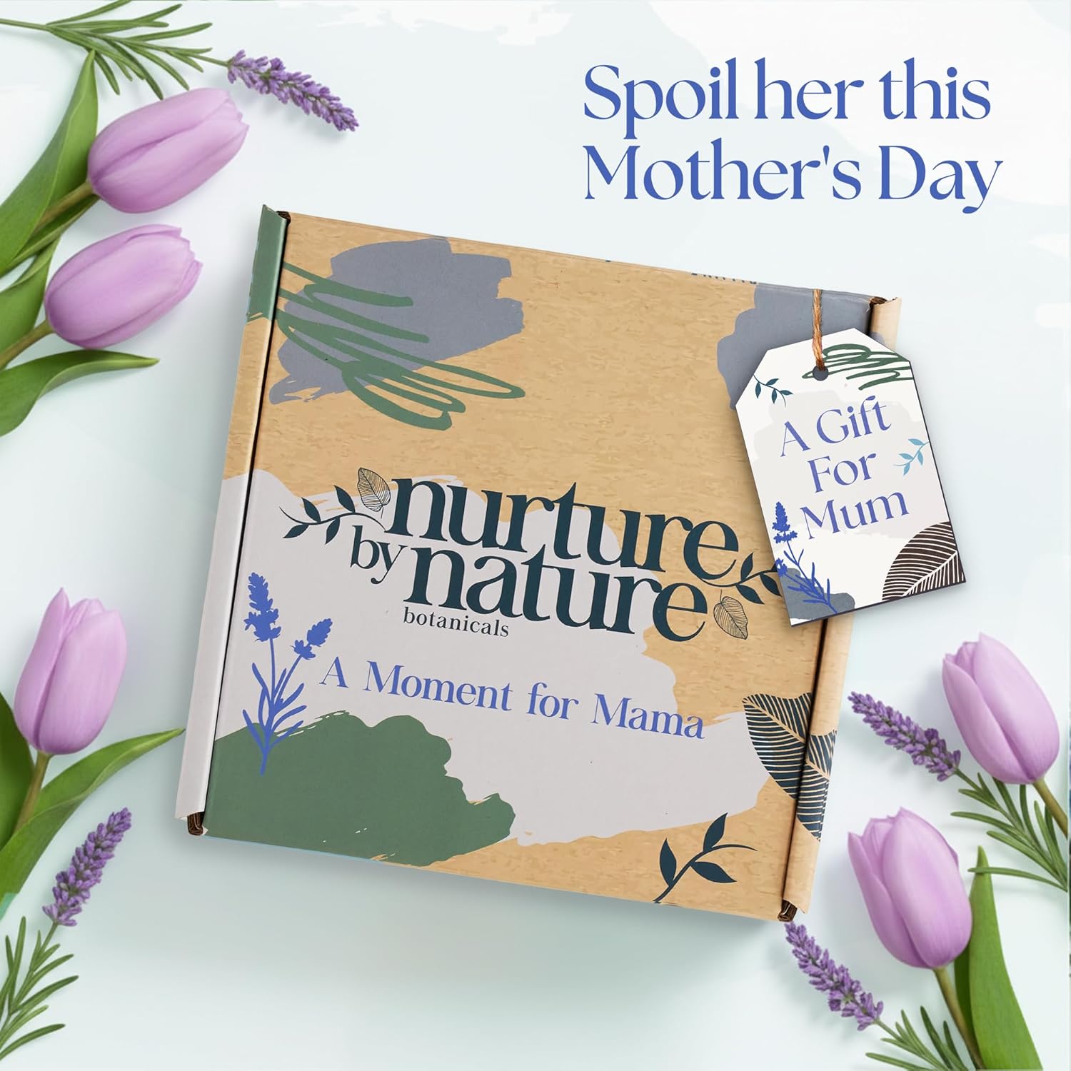 Nurture by Nature New Mom Self Care Gift Set with Body Scrub, Lavender Pillow Spray, Sleep Mask, Body Butter, Shower Gel & Bath Salts - Vegan Friendly - Stocking Stuffer, Baby Shower Gift Basket