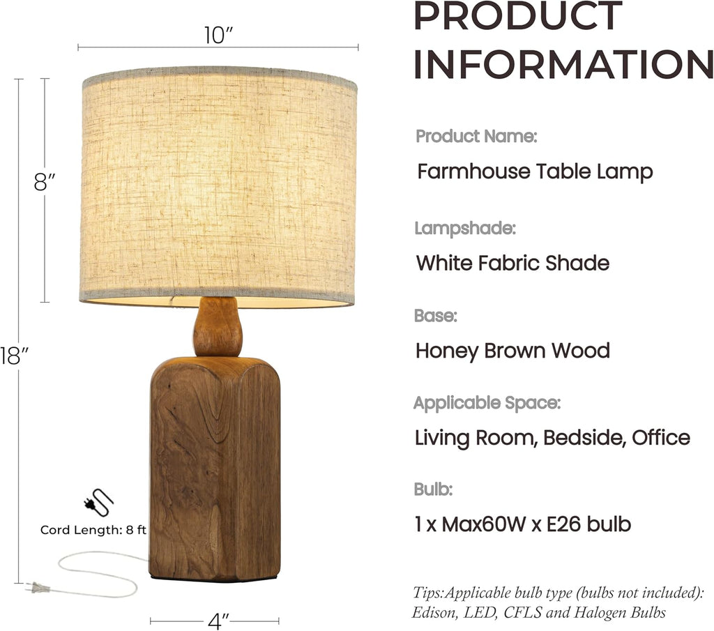 ALOADECOR 18" Farmhouse Small Table Lamp with Honey Natural Wood Base Classic Beige Fabric Drum Shade Bedside Lamp Traditional Desk Lamp for Home Office Foyer Living Room