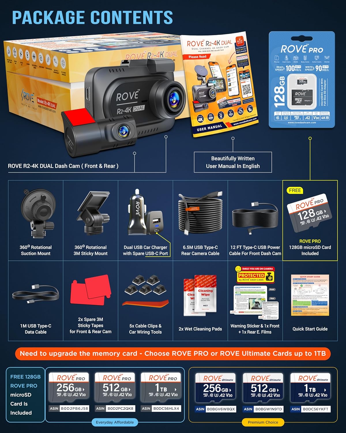 4K Dual Dash Cam Front and Rear with STARVIS 2 Sensor, 5G WiFi and 128GB Card Included