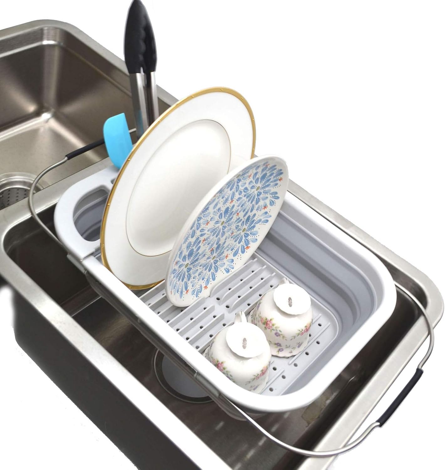 SAMMART Expandable & Collapsible Dish Drainer - Foldable Drying Rack Set - Portable Dinnerware Organizer - Space Saving Kitchen Storage Tray (1, Grey)