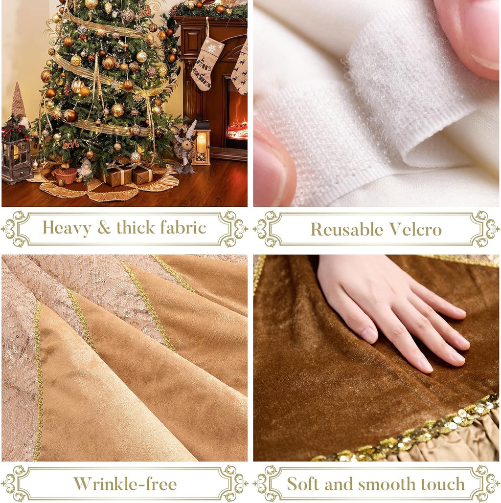 Valery Madelyn Christmas Tree Skirt for Tree Decorations, 48 inch Luxury Sparking Gold Large Xmas Velvet Tree Skirt with Starshaped Sequins Pattern & Ruffle Trim for Chritmas Decor