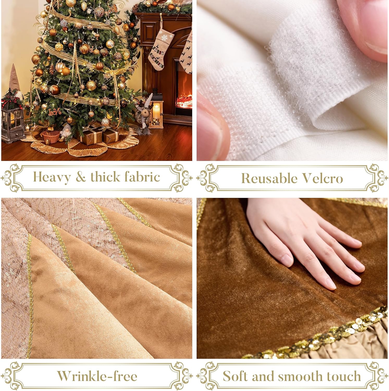 Valery Madelyn Christmas Tree Skirt for Tree Decorations, 48 inch Luxury Sparking Gold Large Xmas Velvet Tree Skirt with Starshaped Sequins Pattern & Ruffle Trim for Chritmas Decor
