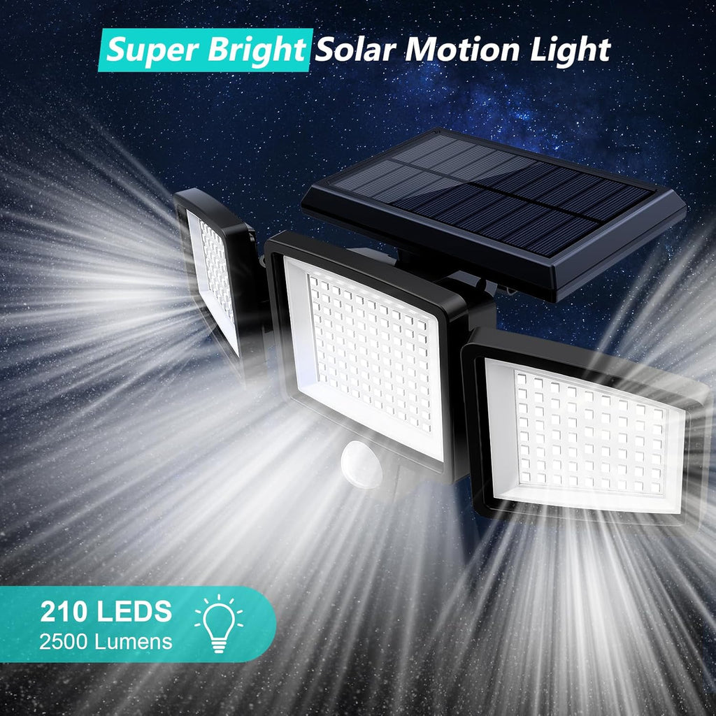 Solar Outdoor Lights 2500LM 210 LED Security Lights with Remote Control,3 Heads Motion Sensor Lights, IP65 Waterproof,270° Wide Angle Flood Wall Lights with 3 Modes