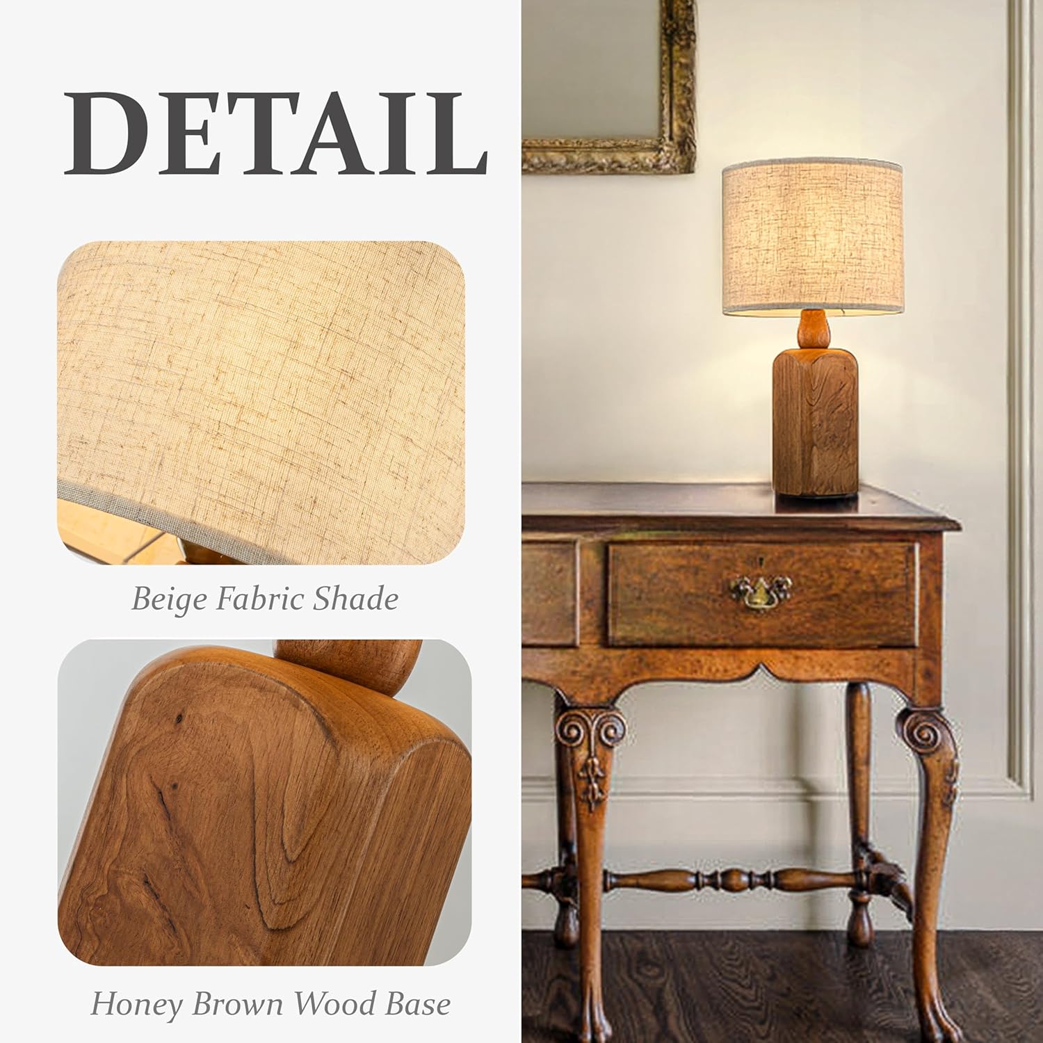 ALOADECOR 18" Farmhouse Small Table Lamp with Honey Natural Wood Base Classic Beige Fabric Drum Shade Bedside Lamp Traditional Desk Lamp for Home Office Foyer Living Room
