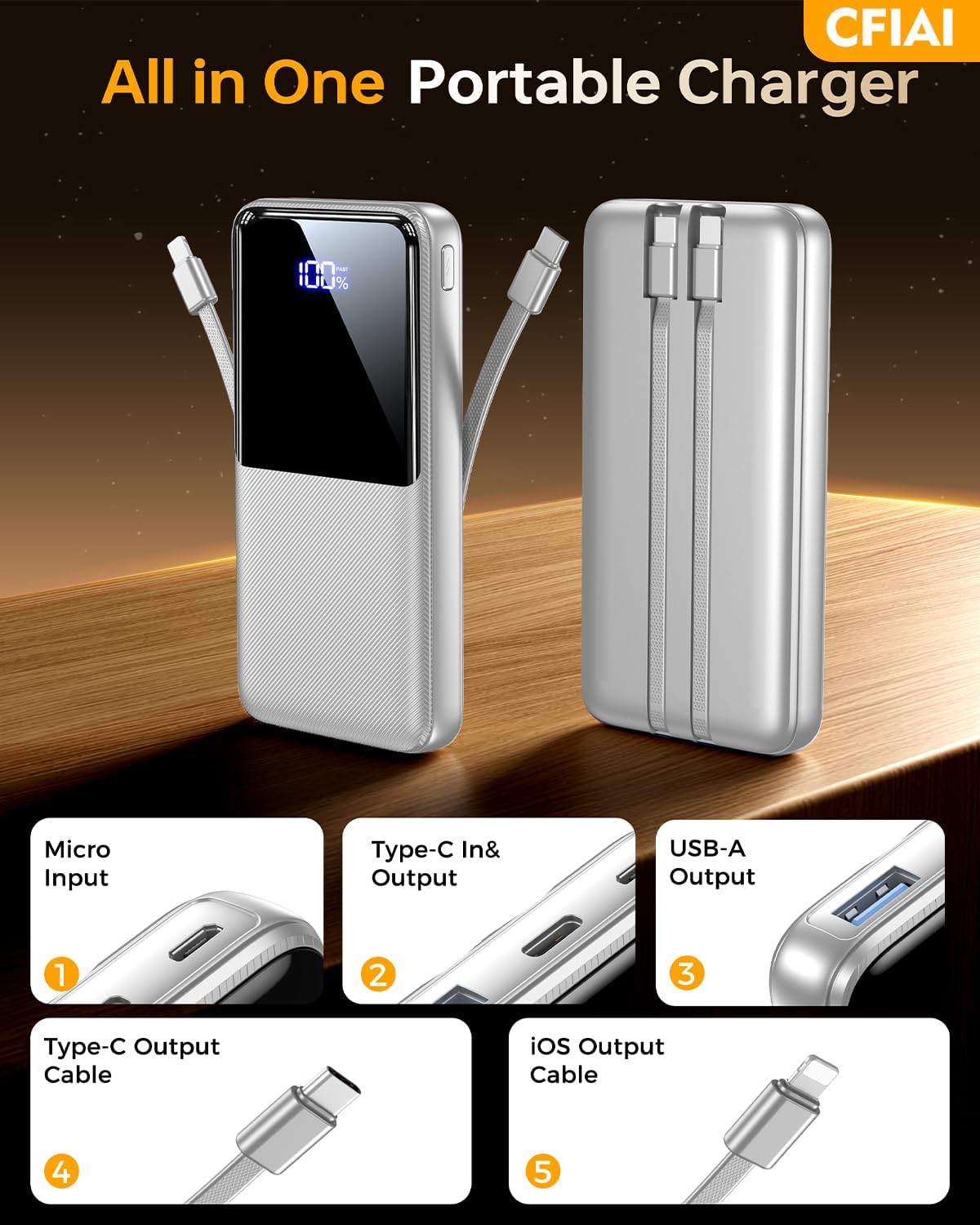 Portable Charger Power Bank - 15000mAh Battery Pack Portable Phone Charger with Built in Cables 22.5W Fast Charging Powerbank Compatible with iPhone Android Samsung Phone, Travel Camping Essential