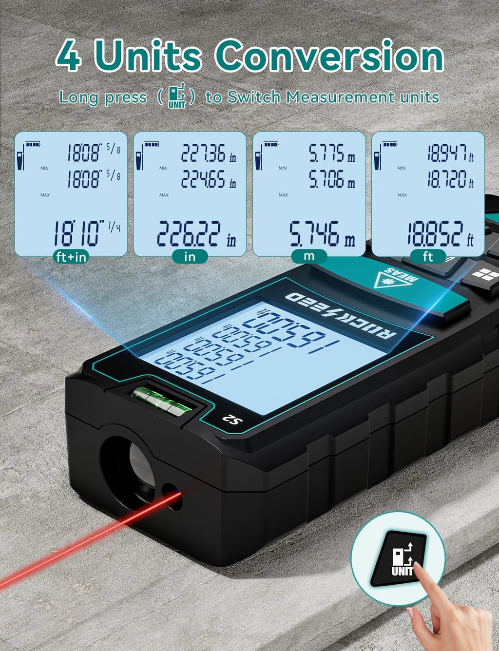 Digital Laser Distance Meter with 2 Bubble Levels, 165Ft Portable Measure for Area and Volume