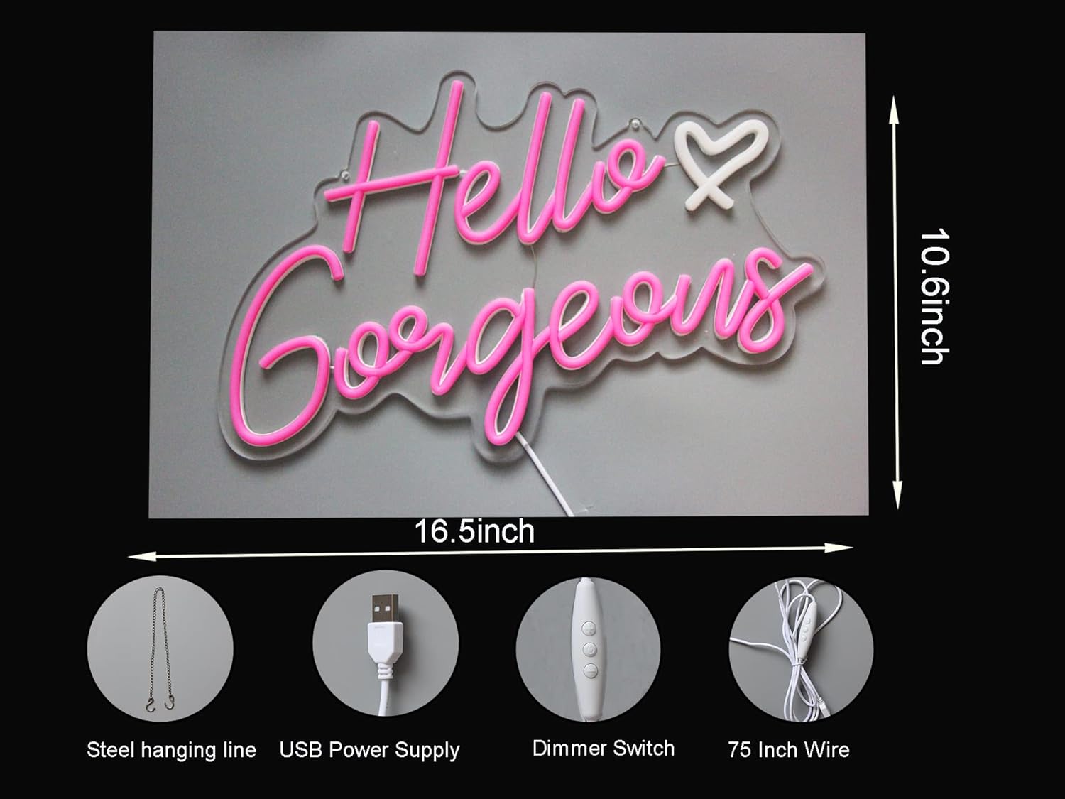 Hello Gorgeous Neon Sign Hello Beautiful Pink LED Neon Lights for Home Wedding Birthday Backdrop Bacelorette Party Wth Dimmable Switch(5V,16.5X10.6inches)