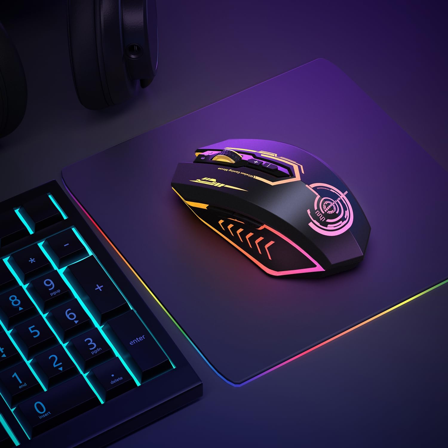 UHURU Wireless Gaming Mouse Up to 12000 DPI, Rechargeable USB-C Wireless Mouse with 7 Buttons 7 Dynamic LED Color Ergonomic Programmable MMO RPG for PC Laptop, Compatible with Windows Mac