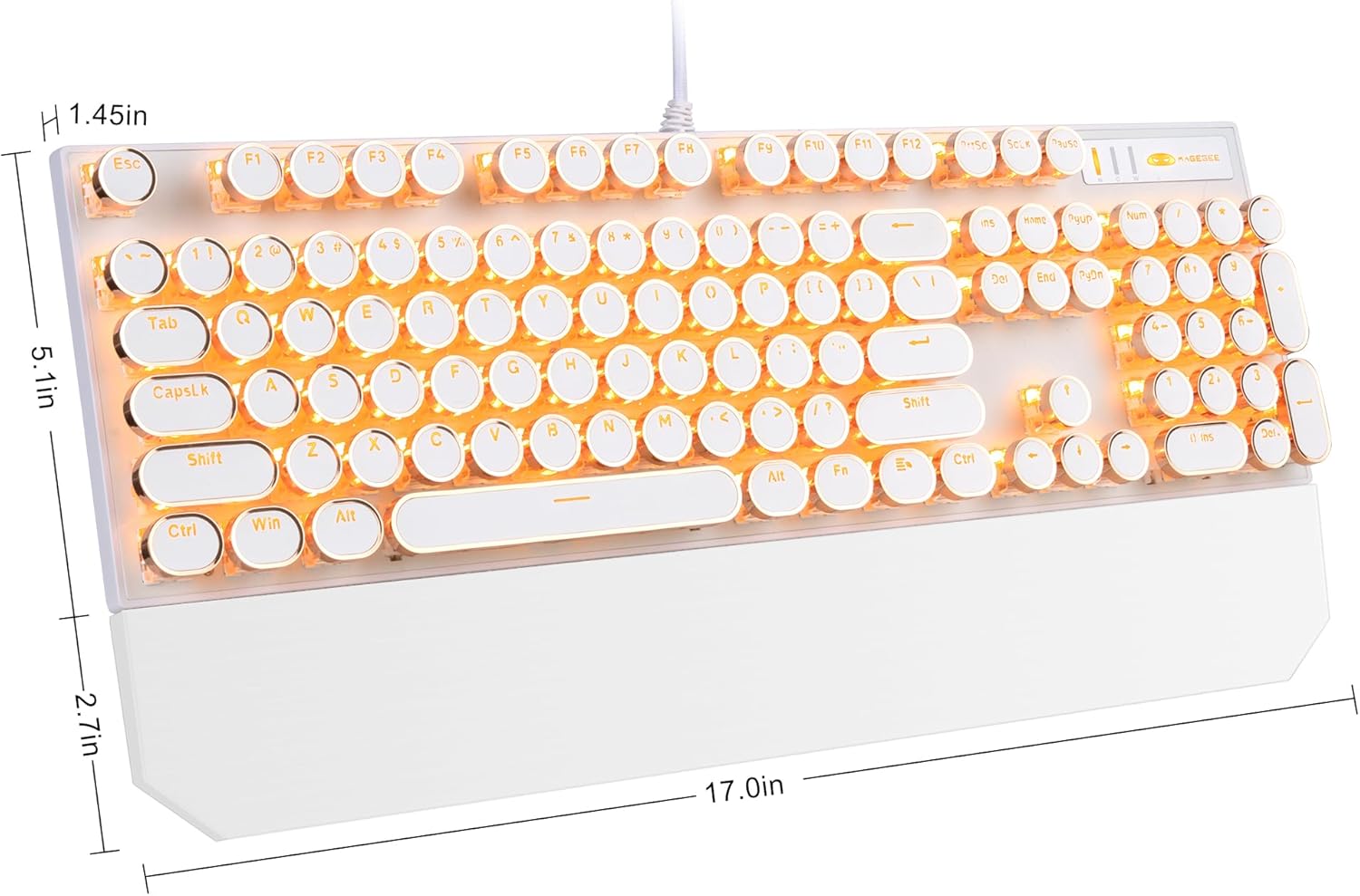 Camiysn Typewriter Style Mechanical Keyboard, Retro Punk Gaming Keyboard with Gold LED Backlit, Cute Wired Keyboards,104 Keys Full Size Keyboards, Uique Round Keycaps for Windows/Mac/PC(White&Gold)