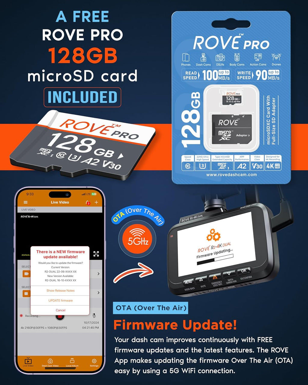 4K Dual Dash Cam Front and Rear with STARVIS 2 Sensor, 5G WiFi and 128GB Card Included