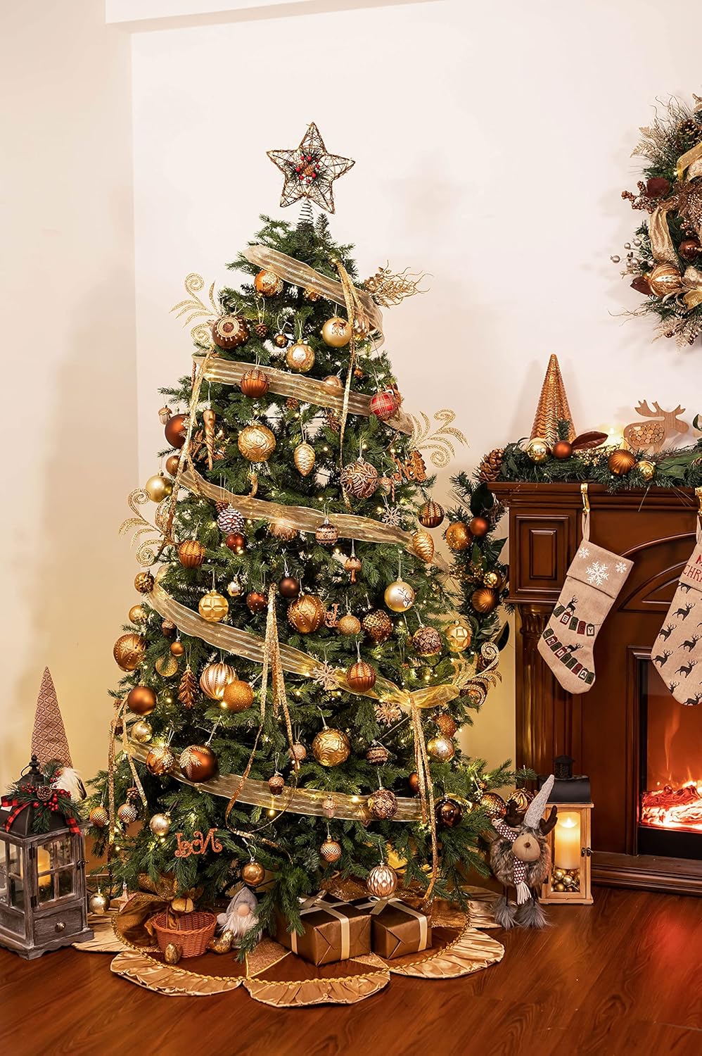 Valery Madelyn Christmas Tree Skirt for Tree Decorations, 48 inch Luxury Sparking Gold Large Xmas Velvet Tree Skirt with Starshaped Sequins Pattern & Ruffle Trim for Chritmas Decor