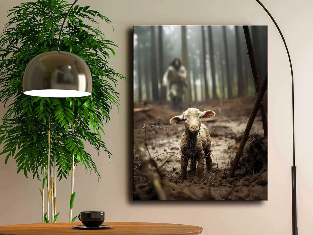 Jesus and Lamb Canvas Wall Art Jesus Running After Lost Lamb Picture Wall Art Canvas Print Christian Lamb of God Home Decor Jesus Saves the Lamb a lost lamb Inspirational Christian Wall Art for Office