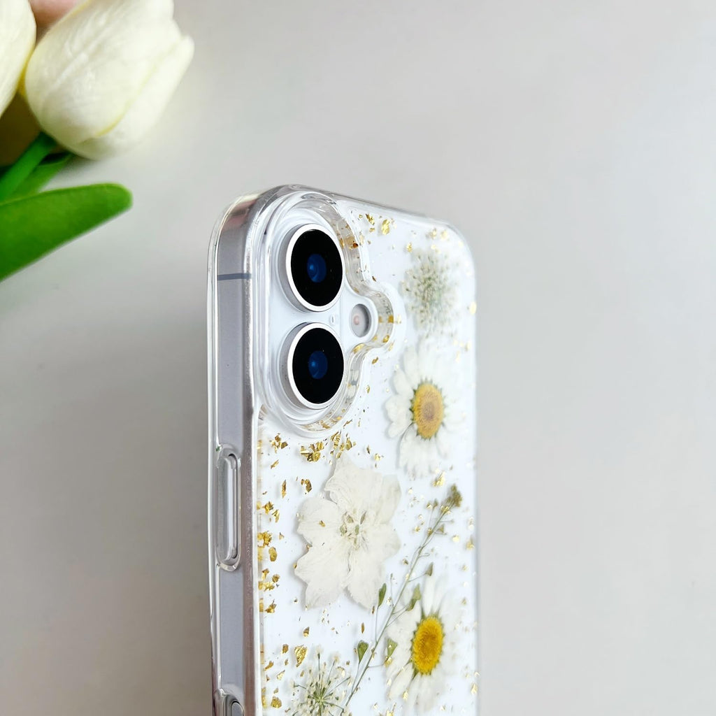 Clear Case for iPhone 17 with Pressed Real Flowers Design, Glitter White Floral Soft TPU Protective Cover