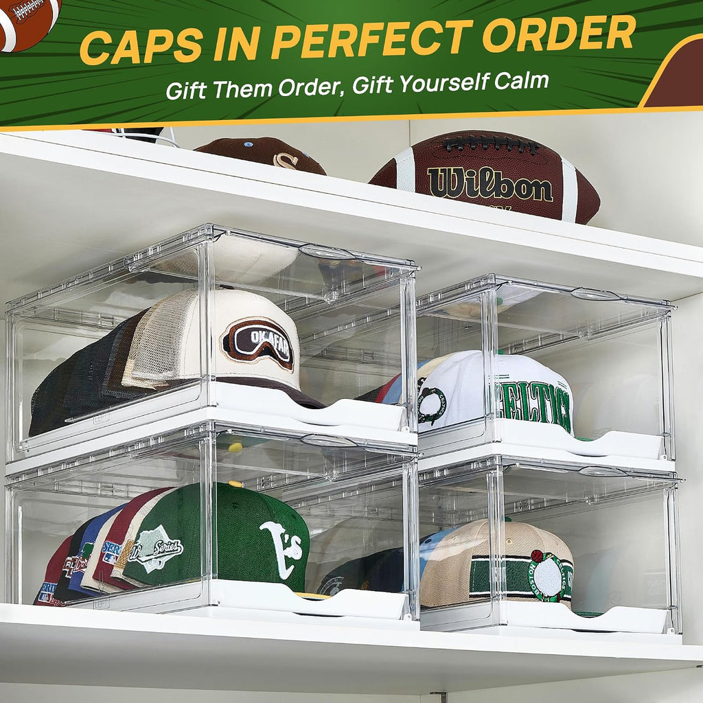 2 Pack Clear Hat Organizer Drawer for Baseball Caps, Stackable Display Case with Magnetic Door