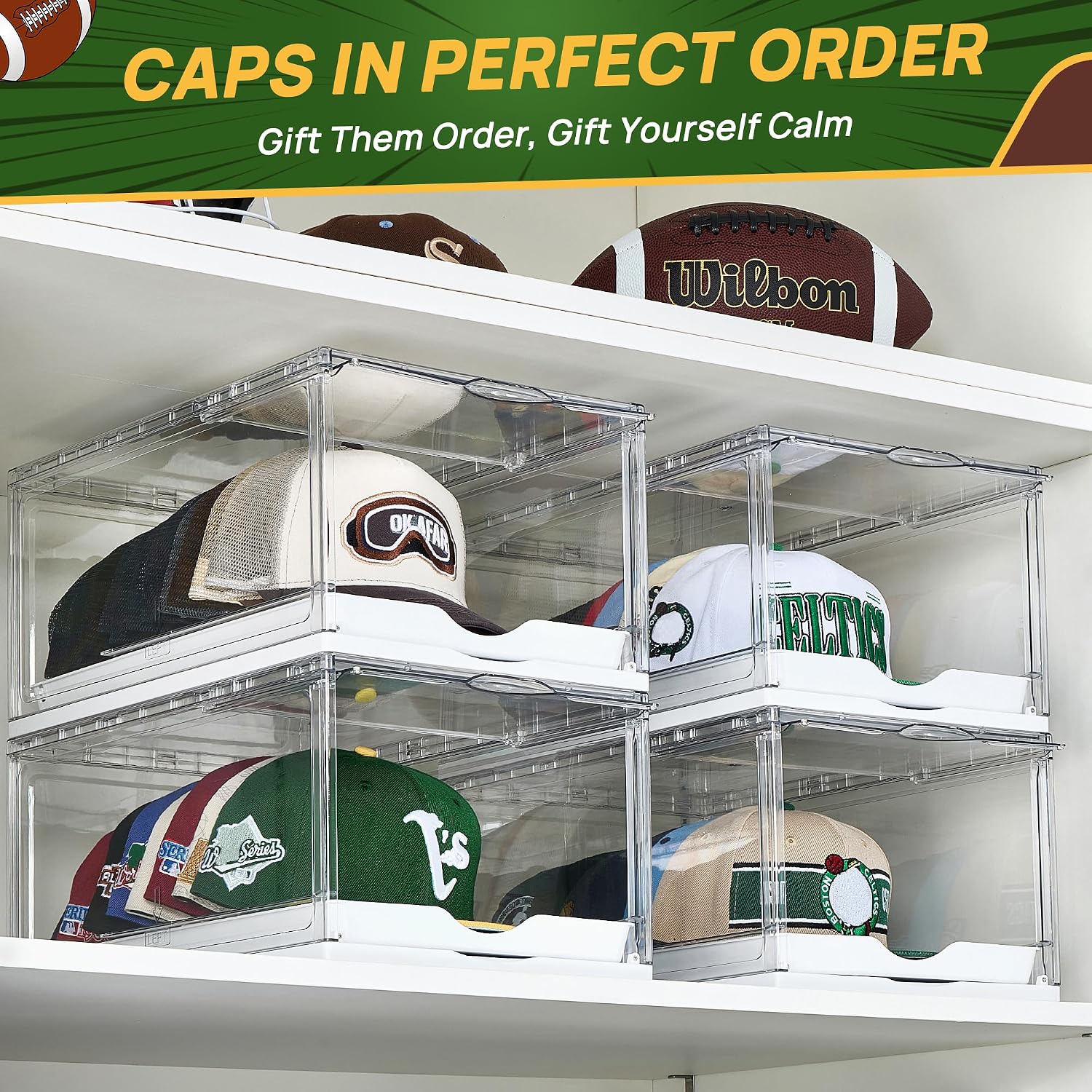 2 Pack Clear Hat Organizer Drawer for Baseball Caps, Stackable Display Case with Magnetic Door