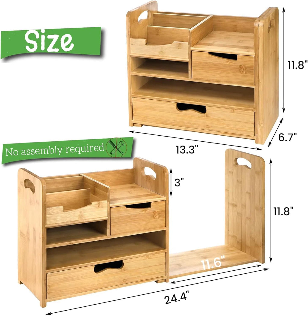 ZOOFOX Bamboo Desk Organizer with Adjustable File Holder, Mail Organizer Countertop with Drawer, 4-Tier Desktop Organization and Desk Accessories for Home Office School Supplies, No Assembly Required