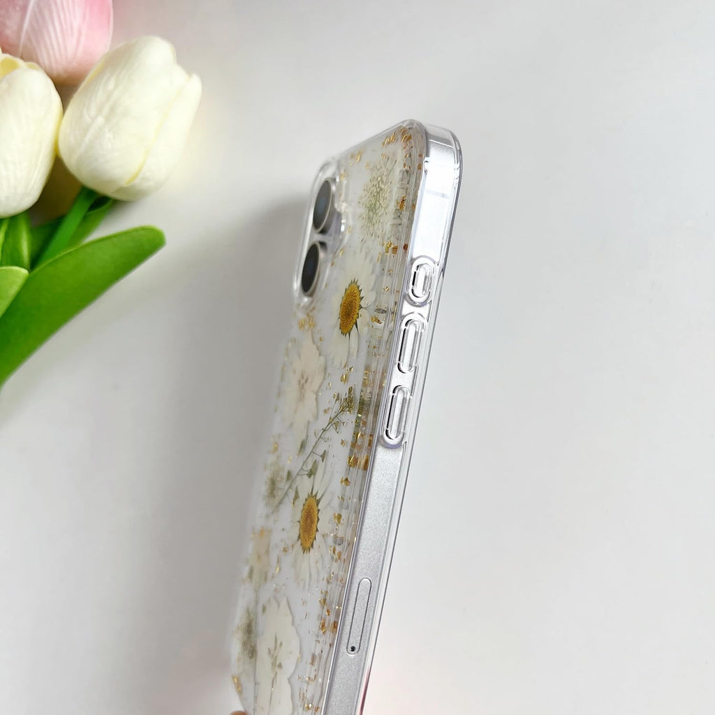Clear Case for iPhone 17 with Pressed Real Flowers Design, Glitter White Floral Soft TPU Protective Cover