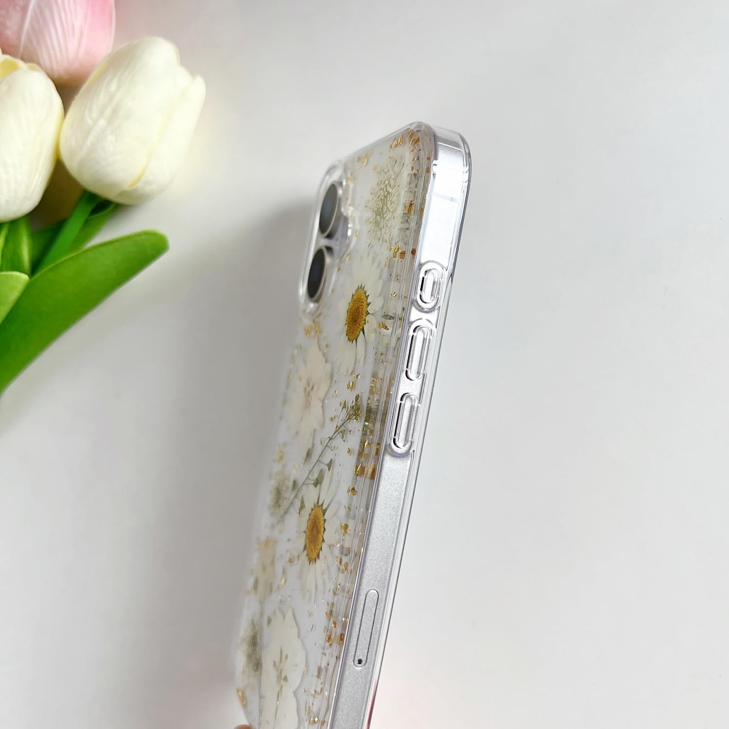 Clear Case for iPhone 17 with Pressed Real Flowers Design, Glitter White Floral Soft TPU Protective Cover