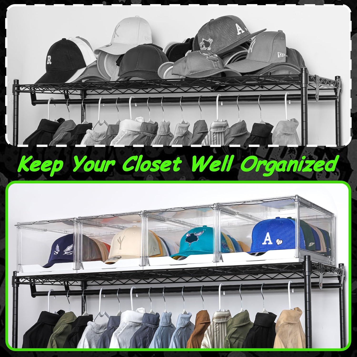 2 Pack Clear Hat Organizer Drawer for Baseball Caps, Stackable Display Case with Magnetic Door