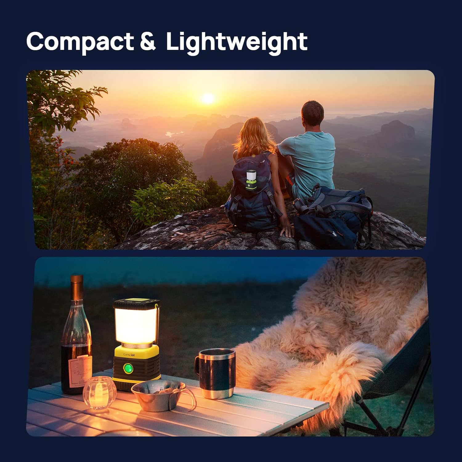 LED Camping Lantern Rechargeable, Consciot Camping Lights, 1000LM, 4 Light Modes, 4400mAh Power Bank, IPX4 Waterproof, Dimmable Tent Lights for Emergency, Power Outages, USB C Cable Included, 2 Pack