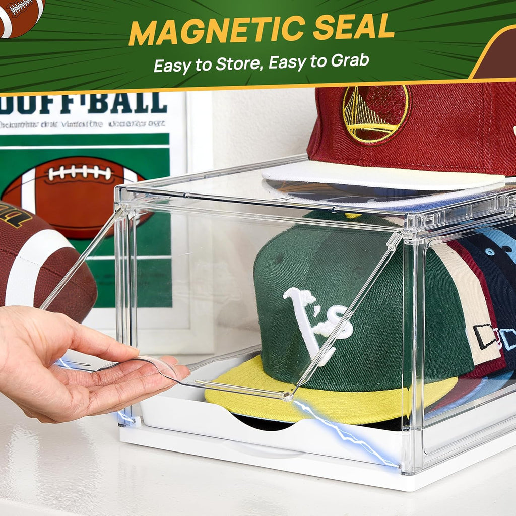 2 Pack Clear Hat Organizer Drawer for Baseball Caps, Stackable Display Case with Magnetic Door