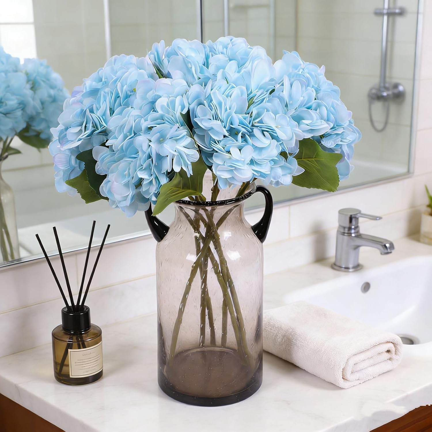 Kimura's Cabin 6pcs Blue Hydrangea Artificial Flowers Silk Fake Hydrangea Flowers with Stems Faux Hydrangeas for Wedding Bouquets Arrangement Home Table Centerpieces Baby Shower Party Decoration