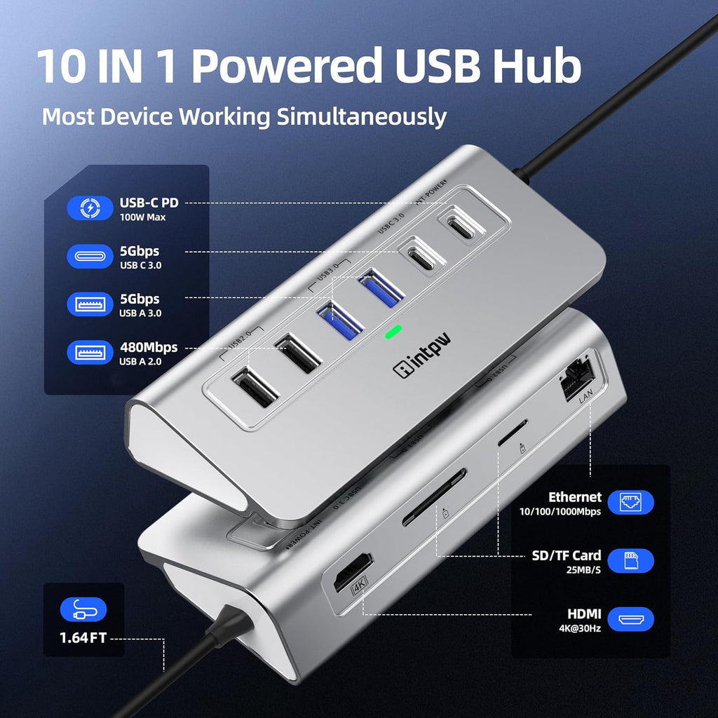 10-in-1 USB C Hub with 4K HDMI, Gigabit Ethernet, 100W PD, and SD/TF Card Reader
