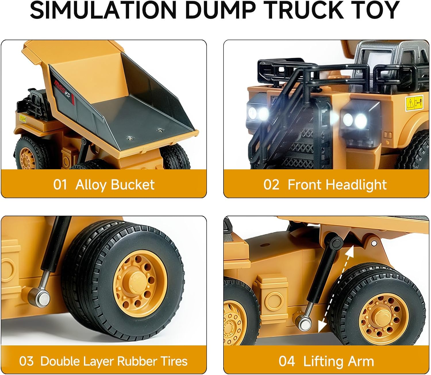 1/64 Mini RC Dump Truck with Metal Bed & Lights, 8-Channel Remote Control Construction Vehicle