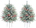 2-Pack 30-Inch Outdoor Prelit Flocked Christmas Trees with 100 LED Battery-Operated Lights