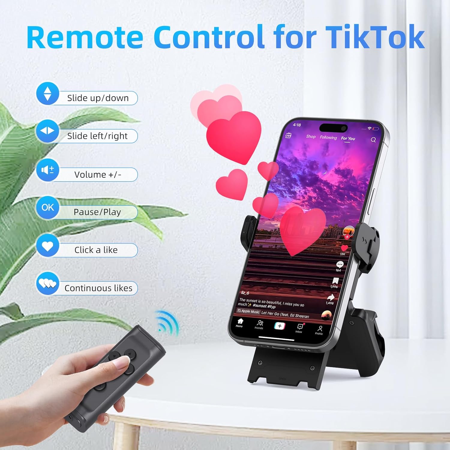 Bluetooth Remote Control with Phone Stand for Scrolling, Page Turning & Camera Shutter