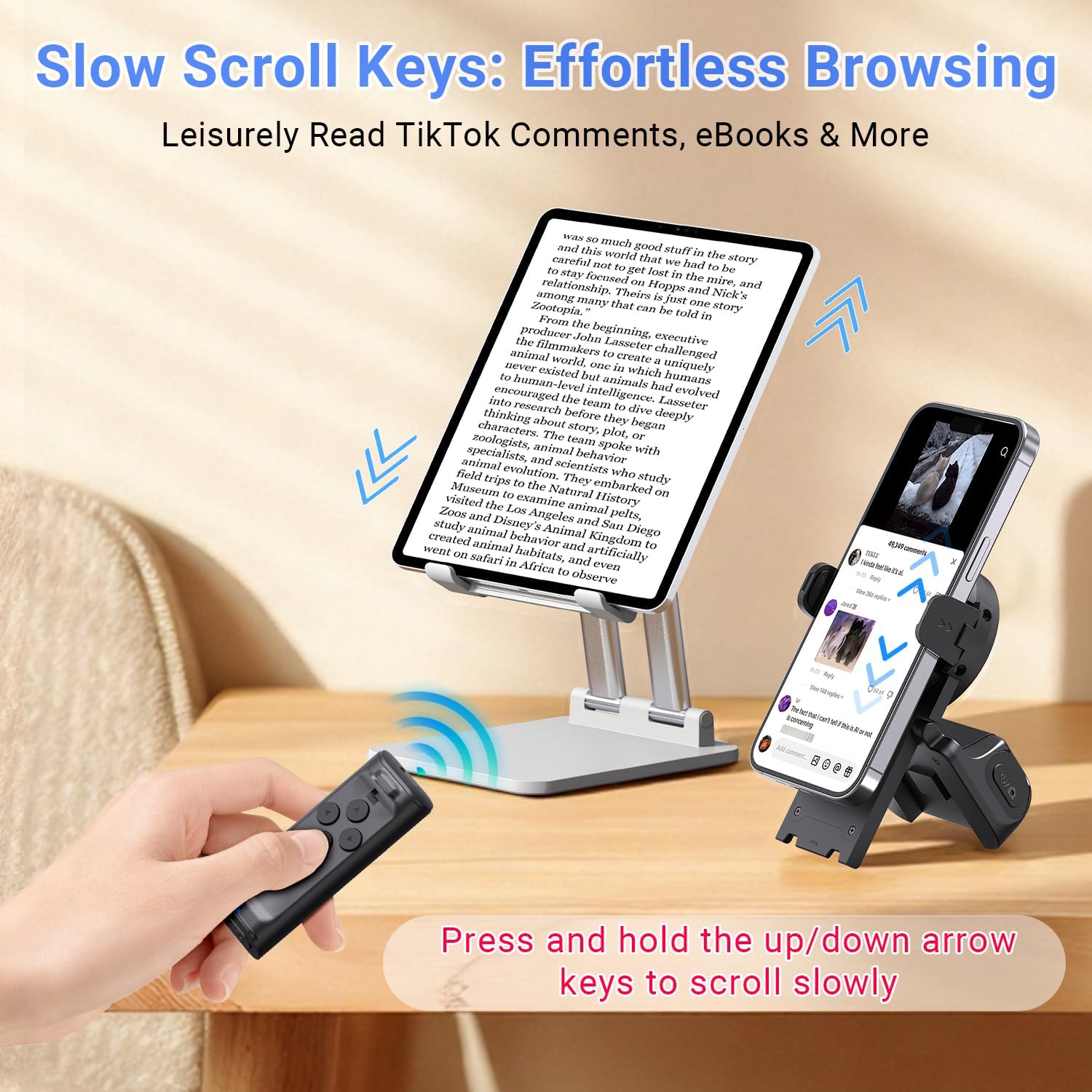 Bluetooth Remote Control with Phone Stand for Scrolling, Page Turning & Camera Shutter