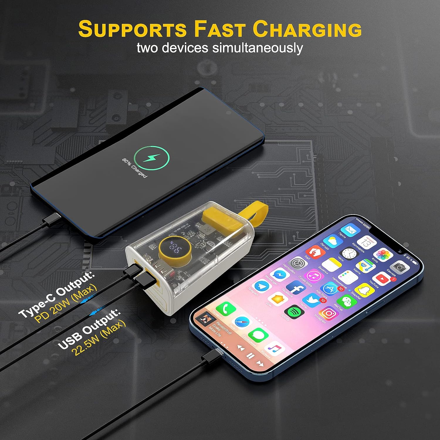 10000mAh Portable Charger 22.5W Fast Charging, Transparent Power Bank with Digital Display