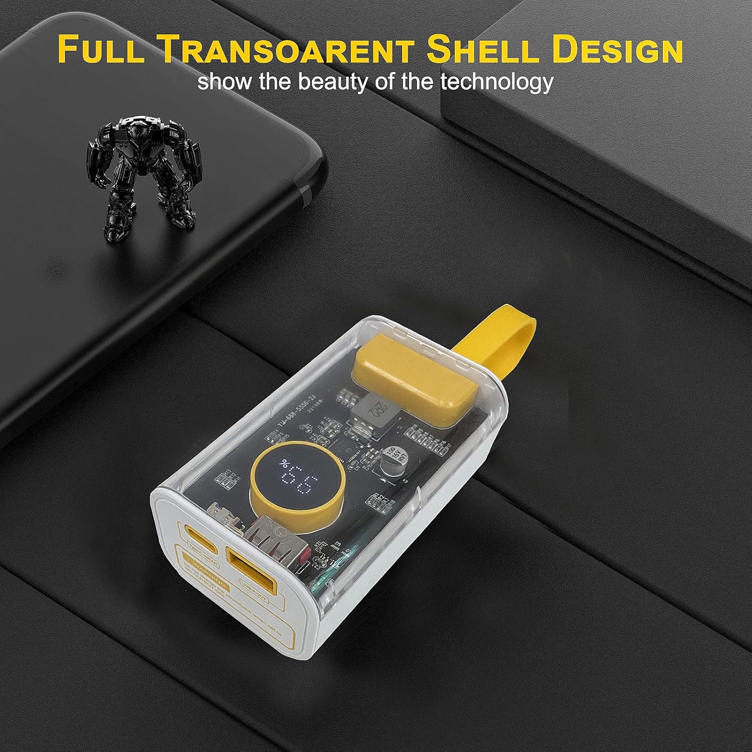 10000mAh Portable Charger 22.5W Fast Charging, Transparent Power Bank with Digital Display