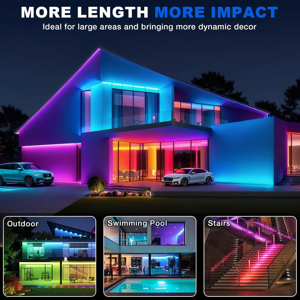 50FT RGB Neon Rope Lights, IP67 Waterproof, App/Remote Control, Music Sync, Cuttable