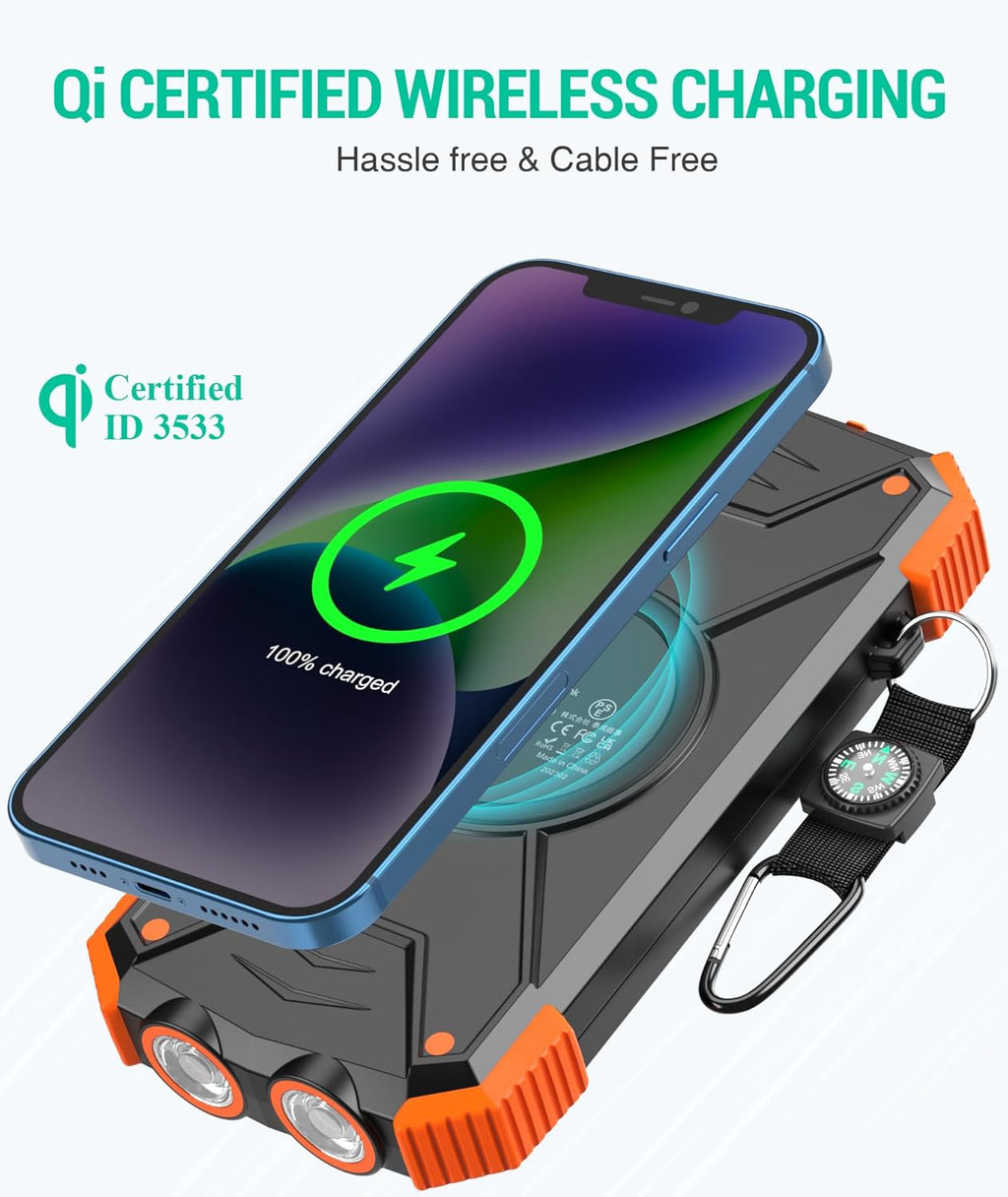 10,000mAh Solar Power Bank with 20W Fast Charging, Wireless Charger, Dual Flashlight for Camping