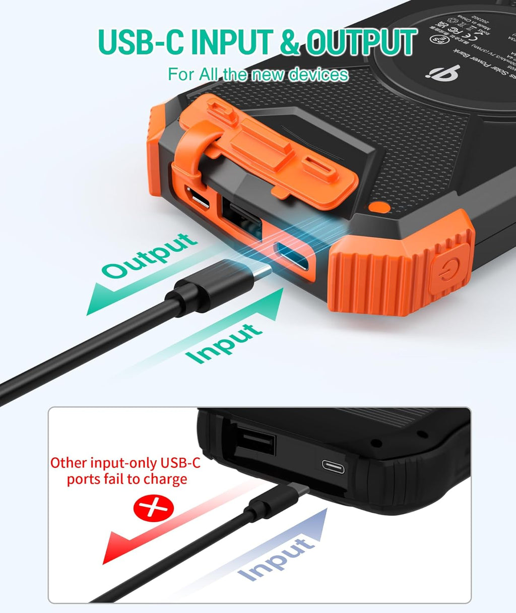 10,000mAh Solar Power Bank with 20W Fast Charging, Wireless Charger, Dual Flashlight for Camping