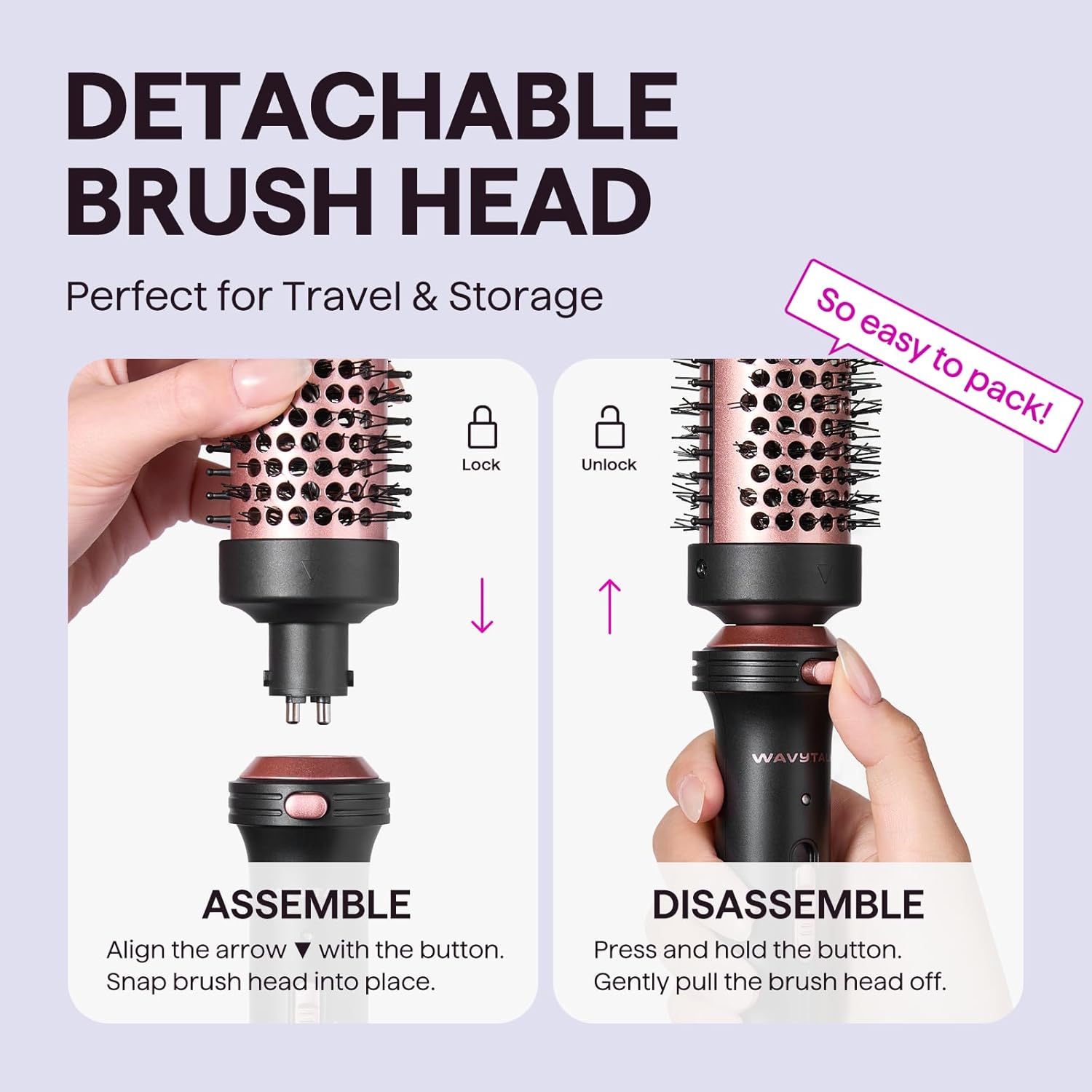 1.5 Inch Heated Round Brush with Detachable Head, Dual Voltage for Travel, Rose Gold