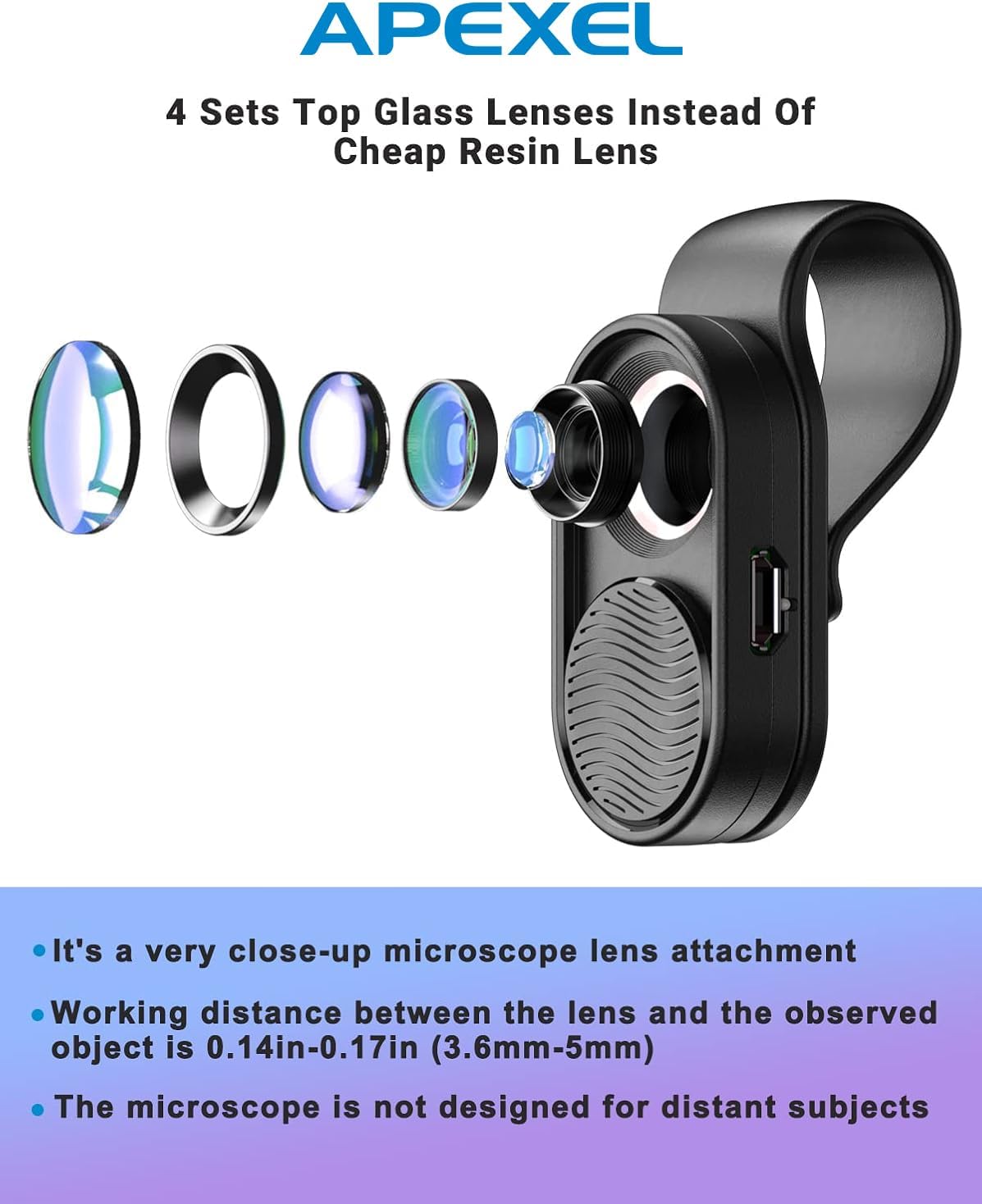 100x Smartphone Microscope Lens with Integrated LED Light for Macro Photography