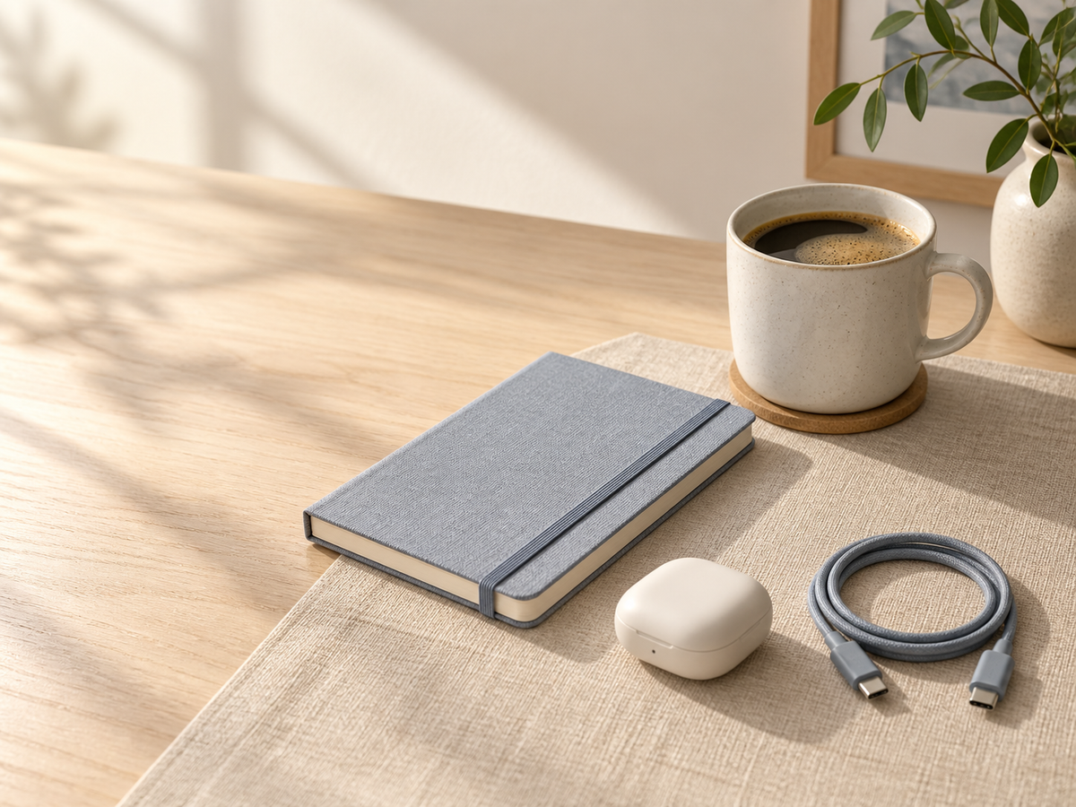 A calm workspace with everyday tech and useful essentials