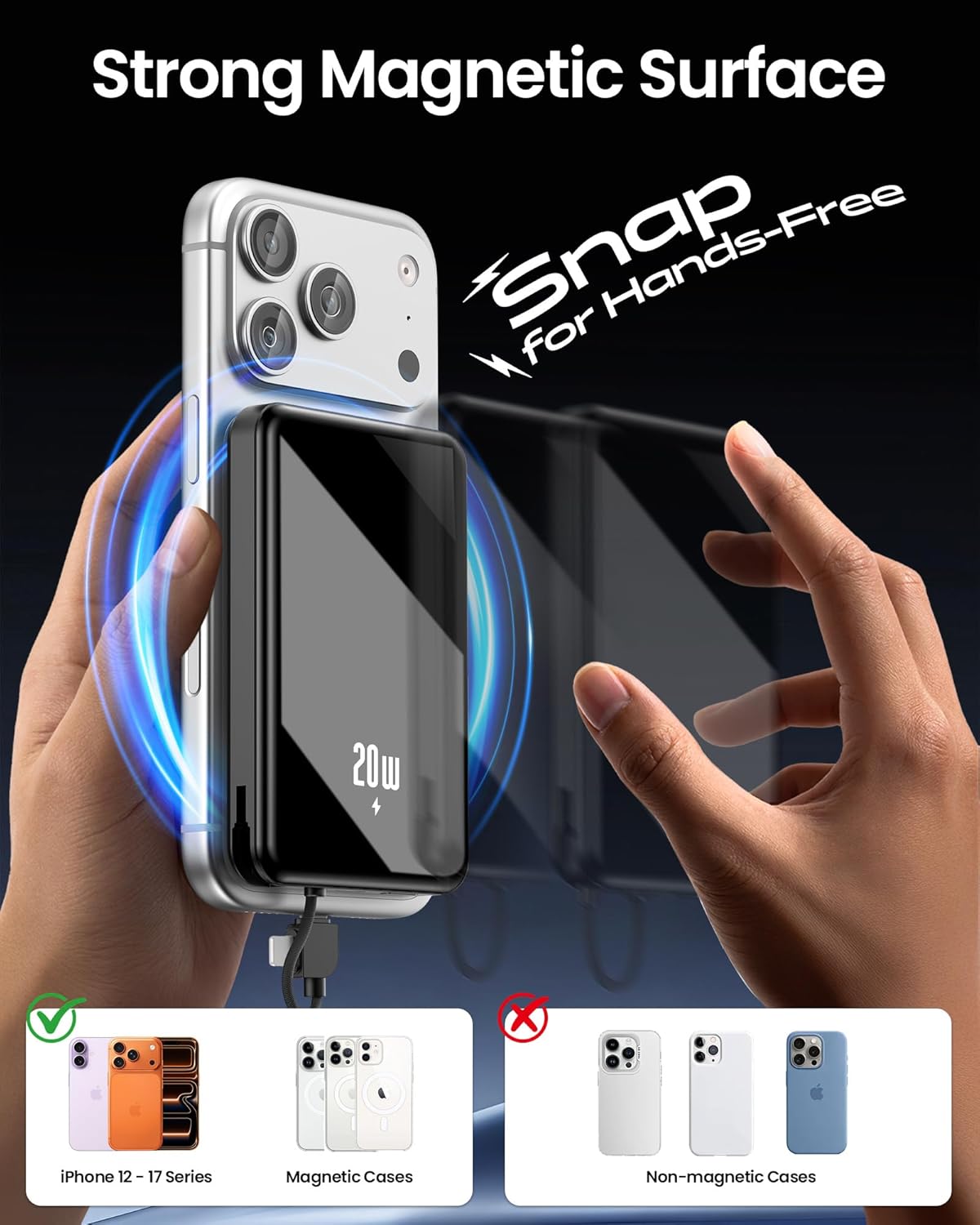 Portable Charger Power Bank, 10000mAh Phone Charger with Built-in Cable, 20W PD Fast Charging, Slim Battery Pack with LED Display, Travel Essential for iPhone 17/16/15/14 All Series, Black