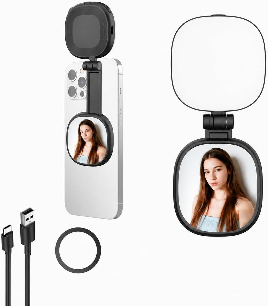 Magnetic Selfie Light with Mirror, 72 LEDs Stepless Brightness & Color Temperature, 360° Rotating Fill Light