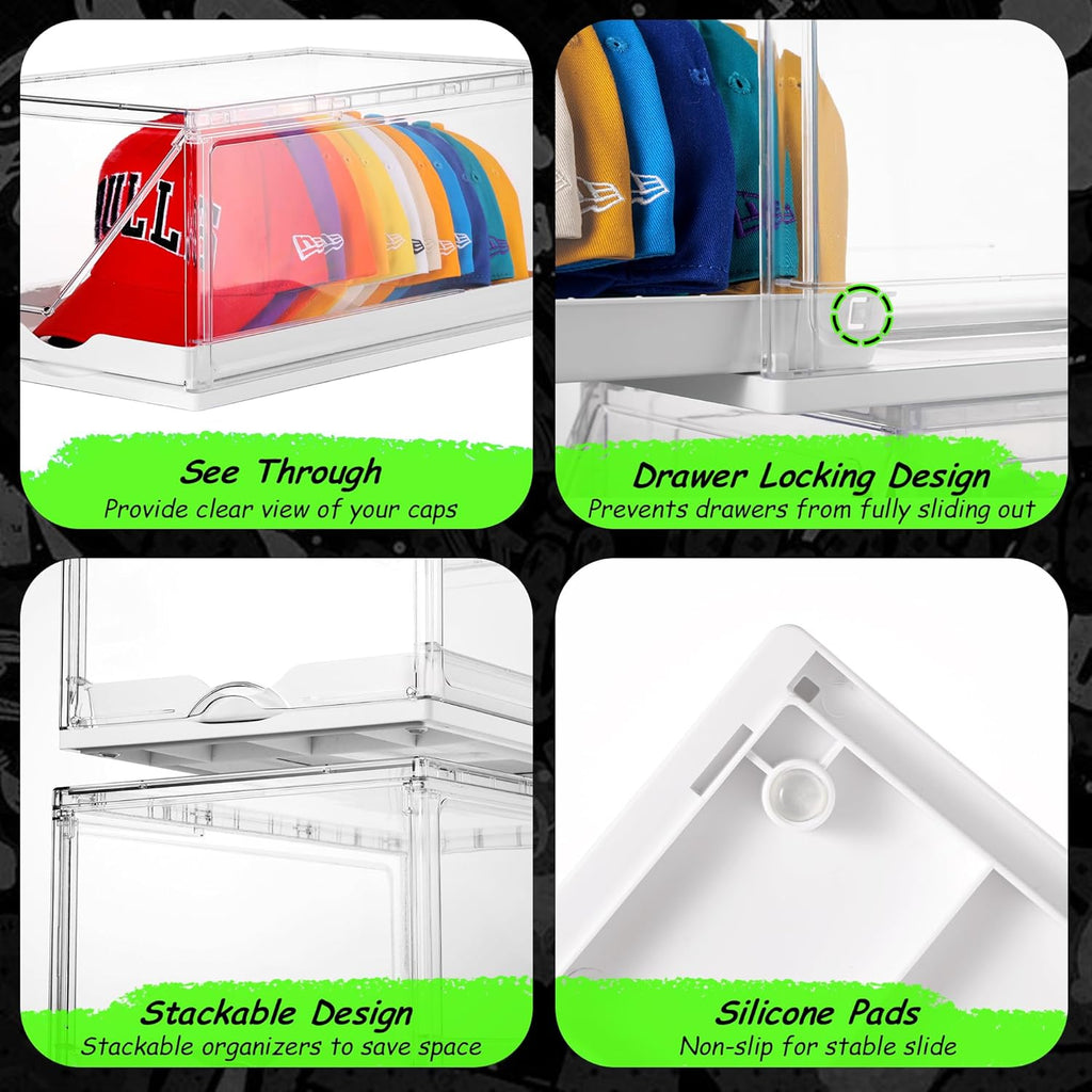 2 Pack Clear Hat Organizer Drawer for Baseball Caps, Stackable Display Case with Magnetic Door