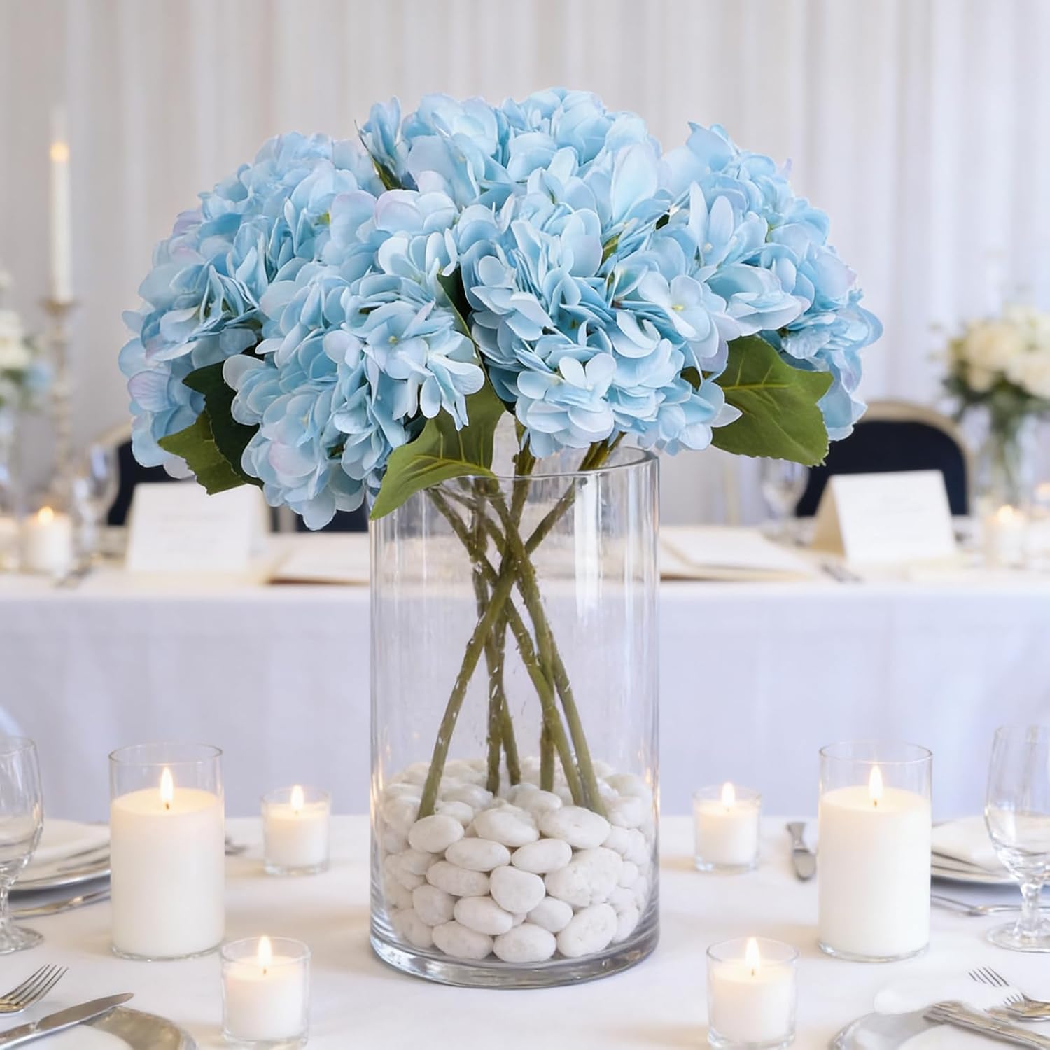 Kimura's Cabin 6pcs Blue Hydrangea Artificial Flowers Silk Fake Hydrangea Flowers with Stems Faux Hydrangeas for Wedding Bouquets Arrangement Home Table Centerpieces Baby Shower Party Decoration