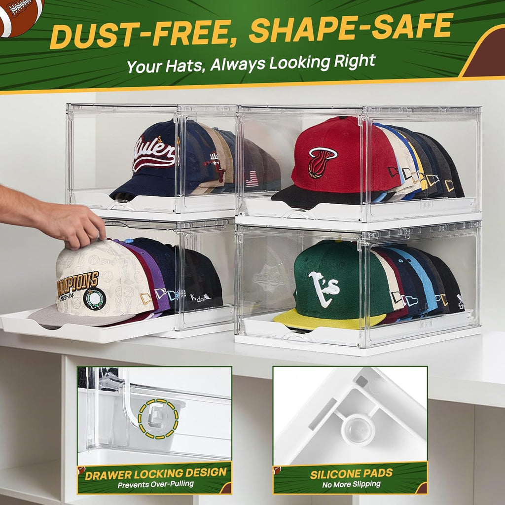 2 Pack Clear Hat Organizer Drawer for Baseball Caps, Stackable Display Case with Magnetic Door