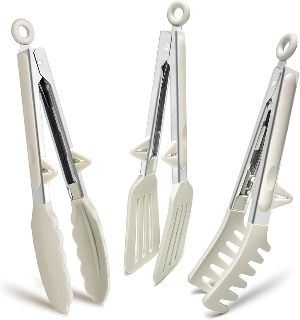 Kitchen Tongs, 9 Inch Tongs for Cooking with Silicone Tips, Food Grade Small Silicone Tongs, Mini Serving Tongs for Nonstick Pans, BBQ, Salad, Set of 3, White