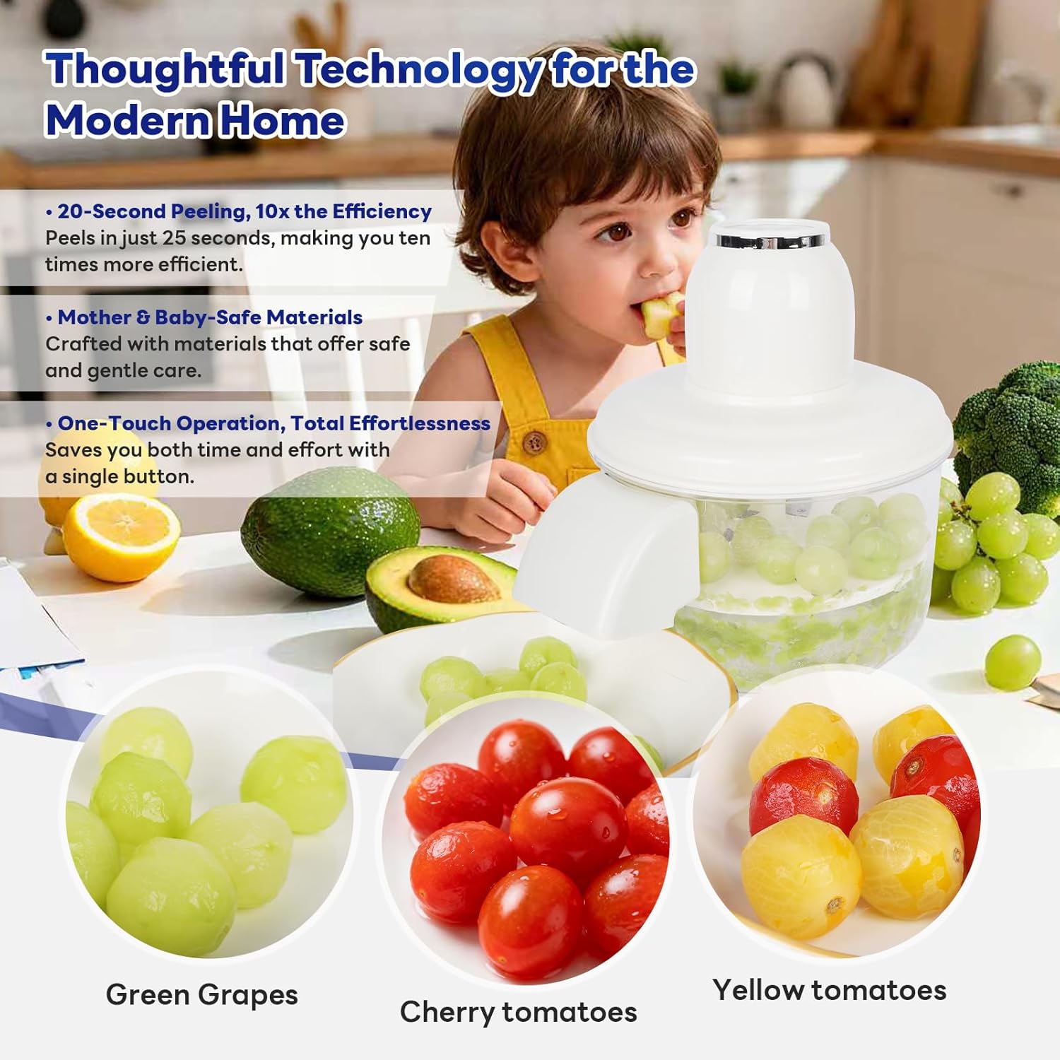 Automatic Grape Peeler Machine, Electric Garlic & Cherry Tomato Peeler Skin Remover Tool for Small Fruits, Effortless Peeling for Home Kitchen (White-1PC)