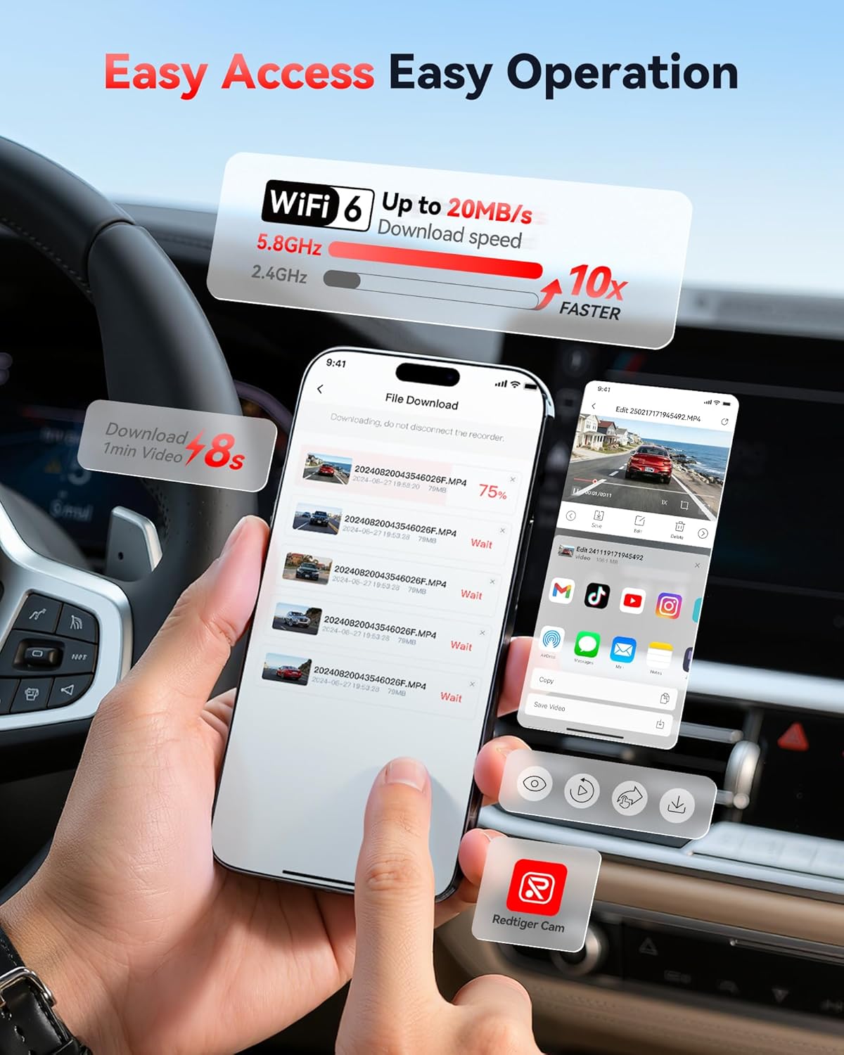 4K Front and 1080P Rear Dual Dash Cam with STARVIS 2 Sensor, 5.8GHz WiFi, GPS, and Night Vision