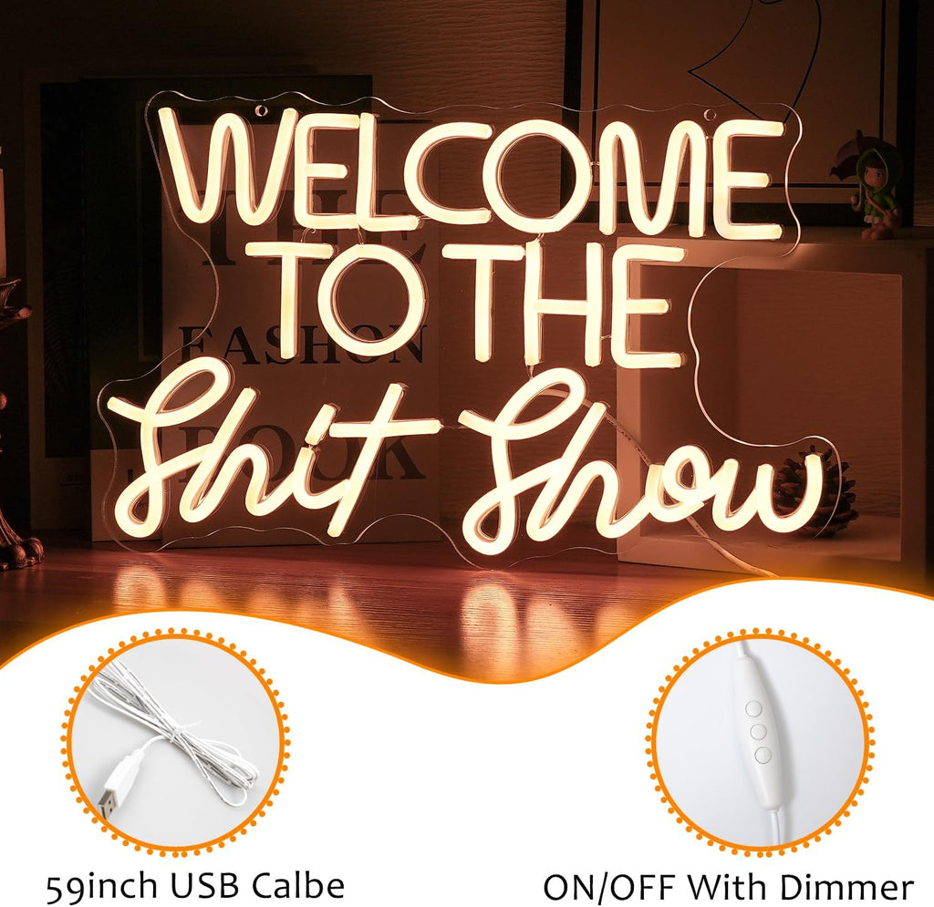 Welcome To The Show Neon Sign Letter LED Funny Neon Lights Dimmable USB Powered 16.5’’X11’’Cool Wall Light Sign for Bedroom Club Birthday Party Bar Decoration Gifts for Friend（Warm White）