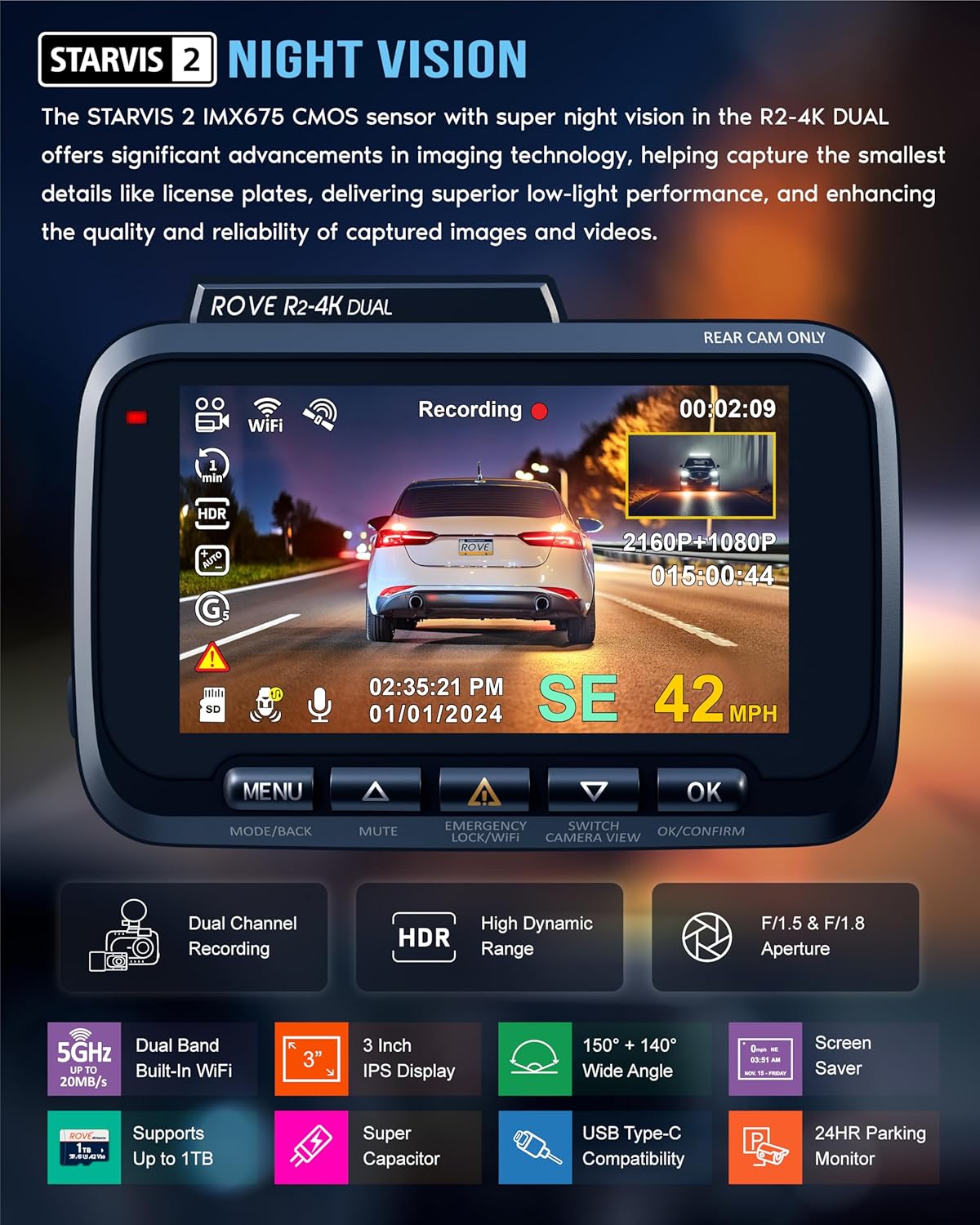 4K Dual Dash Cam Front and Rear with STARVIS 2 Sensor, 5G WiFi and 128GB Card Included