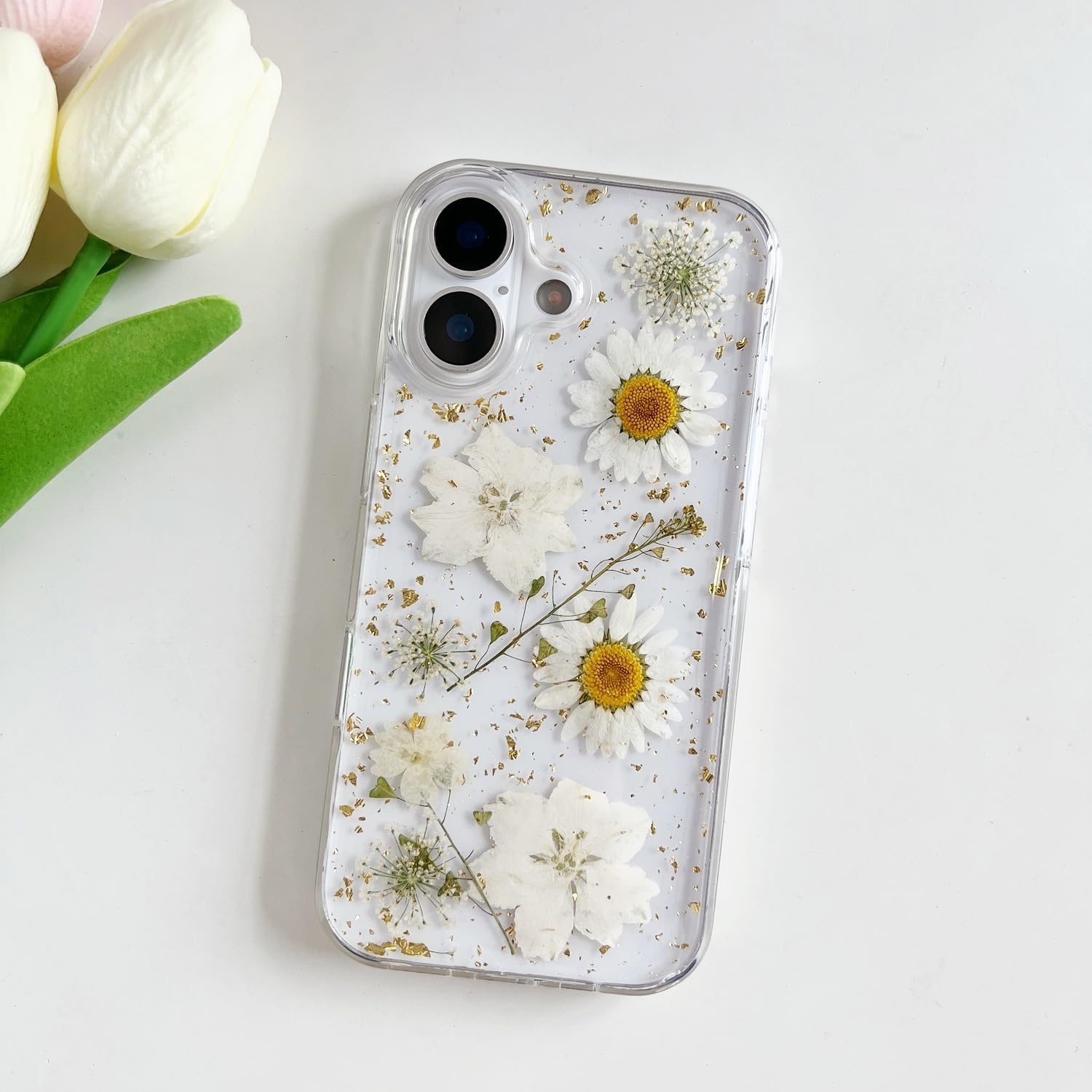 Clear Case for iPhone 17 with Pressed Real Flowers Design, Glitter White Floral Soft TPU Protective Cover